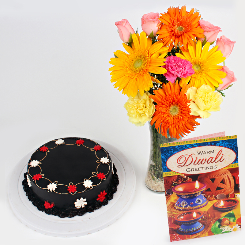Diwali Card  and Chocolate Cake with Lovely Flowers Vase