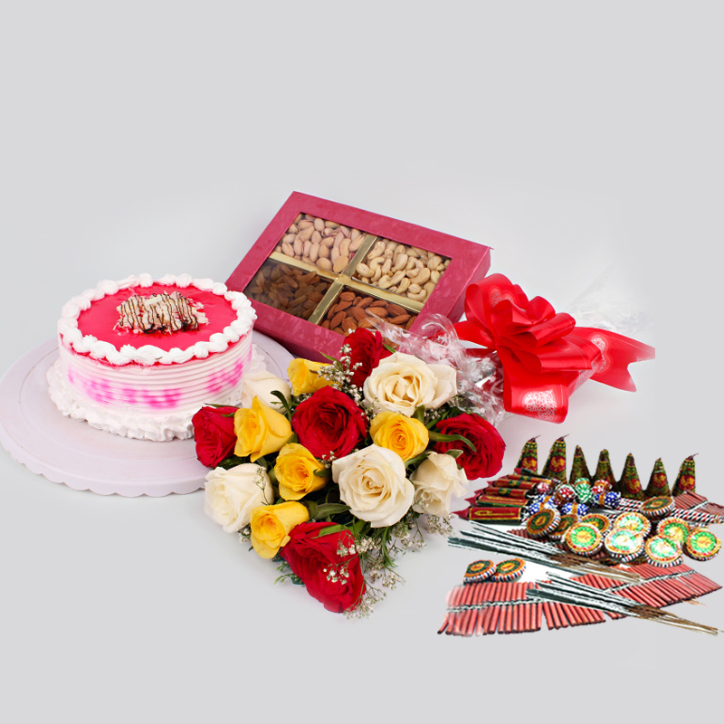 Diwali Gift Hamper of Cakes with Mix Roses and Dry Fruits