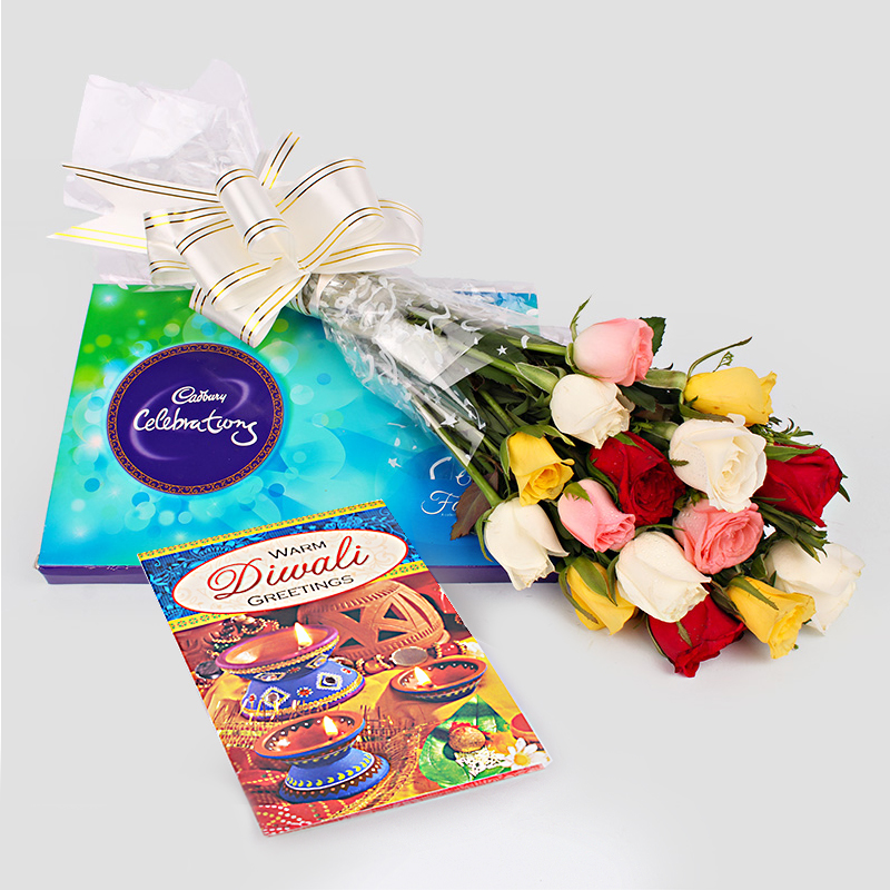 Diwali Special Roses bunch with Diwali  Card with  Cadbury Celebration Chocolates