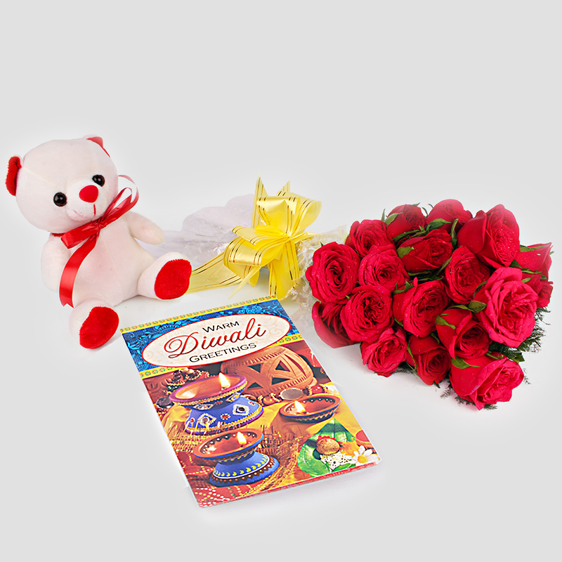 Diwali Card and Red Roses with Teddy Bear