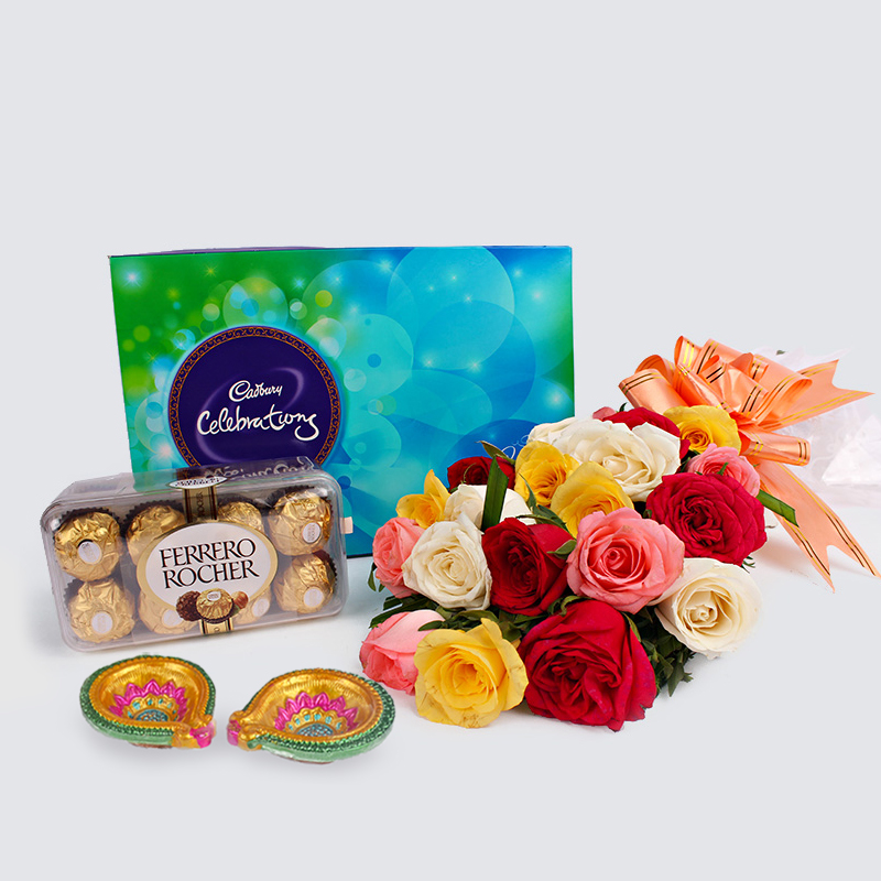 Diwali Combo of Colorful Roses with Rocher and Cadbury Celebration Chocolates
