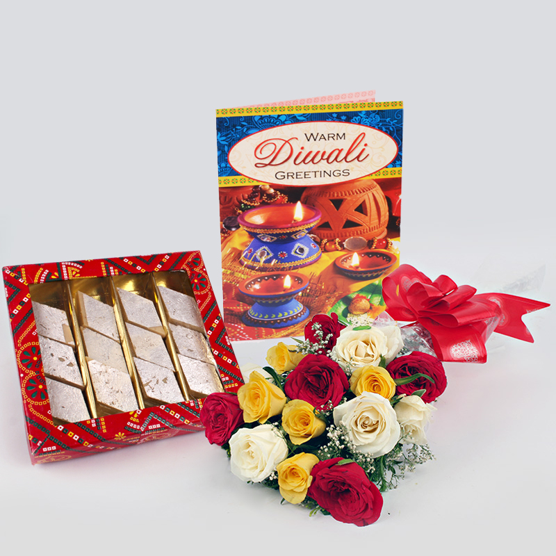 Diwali Gift of Sweet, Mix Roses and Diwali Card