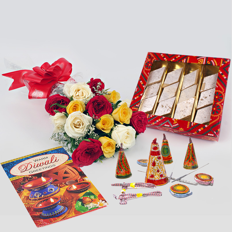 Roses, Kaju Katli and Crackers for Diwali Gift