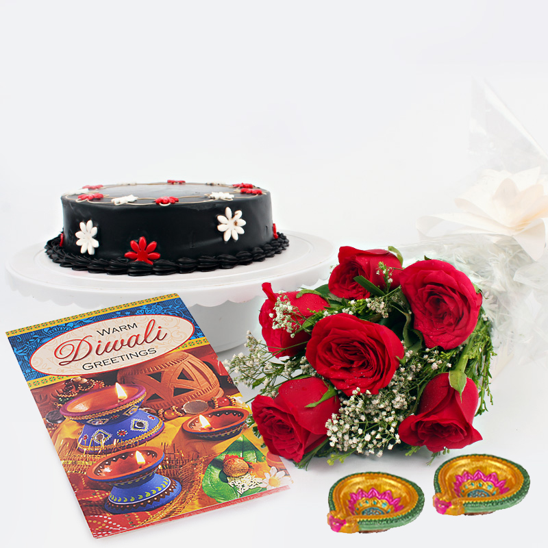 Diwali Combo of Chocolate Cake and Red Roses with Card