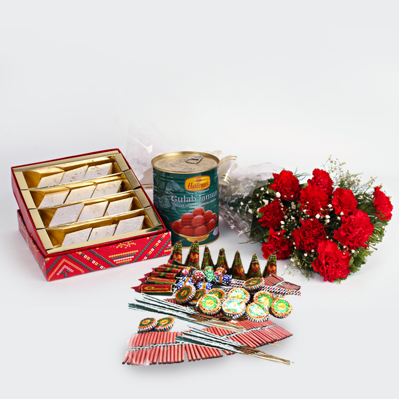 Diwali Best Gift of Crackers and Red Carnations Bunch with Kaju Katli sweet
