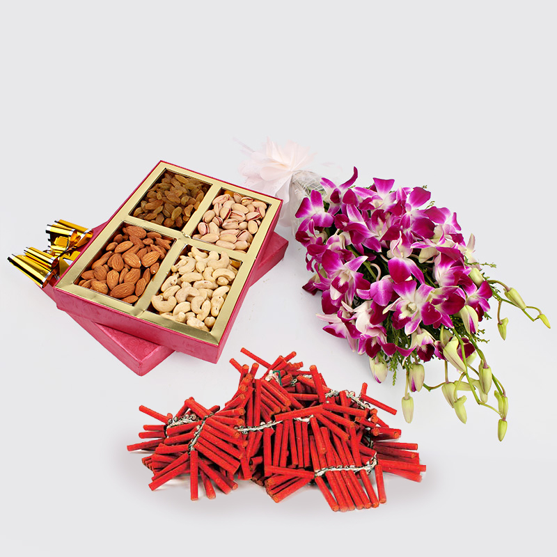 Dry Fruits with Orchid Flowers and Crackers