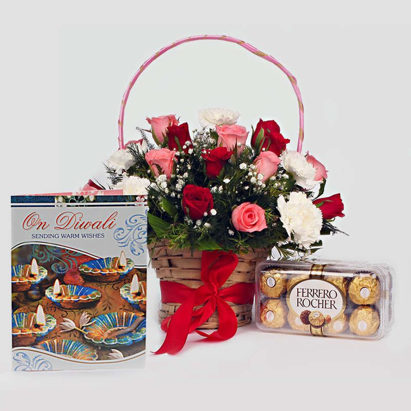 Basket of Mix Roses, Greeting Card and Ferrero Rocher