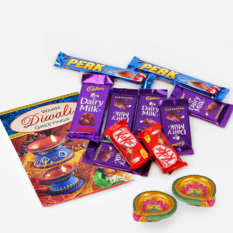 10 Assorted indian Chocolates with Diwali Card and Diwali Diya