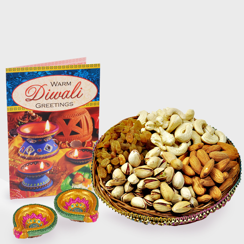 Basket of Assorted Dryfruits with Diwali Diya and Diwali Card