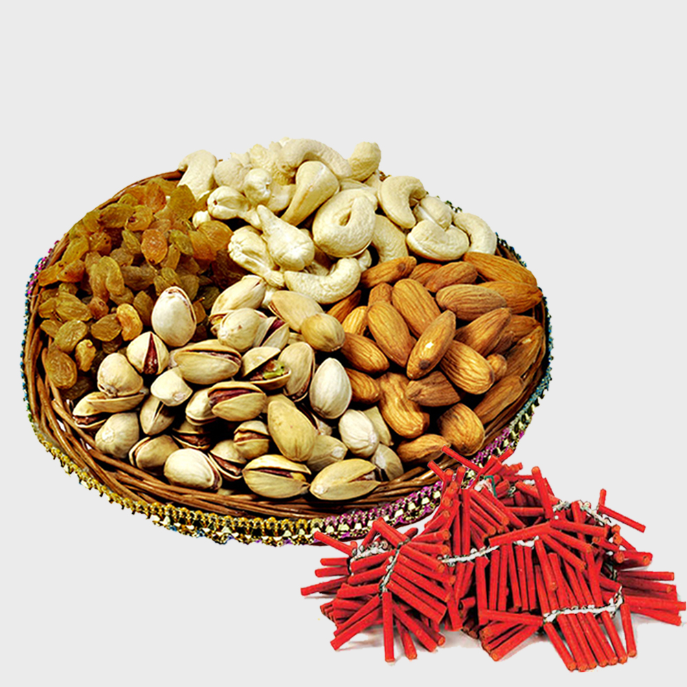 Diwali Combo of Basket of Assorted Dryfruits with Red Firecrackers
