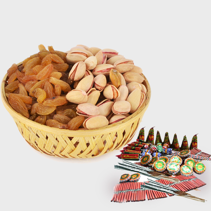 Basket of Raisins and Pista with Diwali Fire Cracker