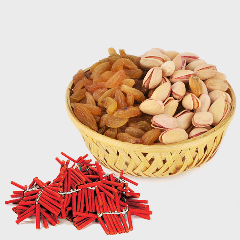 Diwali Combo of Basket of Raisins and Pista with Red Firecrackers