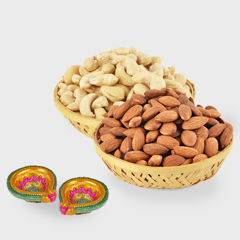 Basket of Cashew Nut and Basket of Almond Nut and Diwali Diya