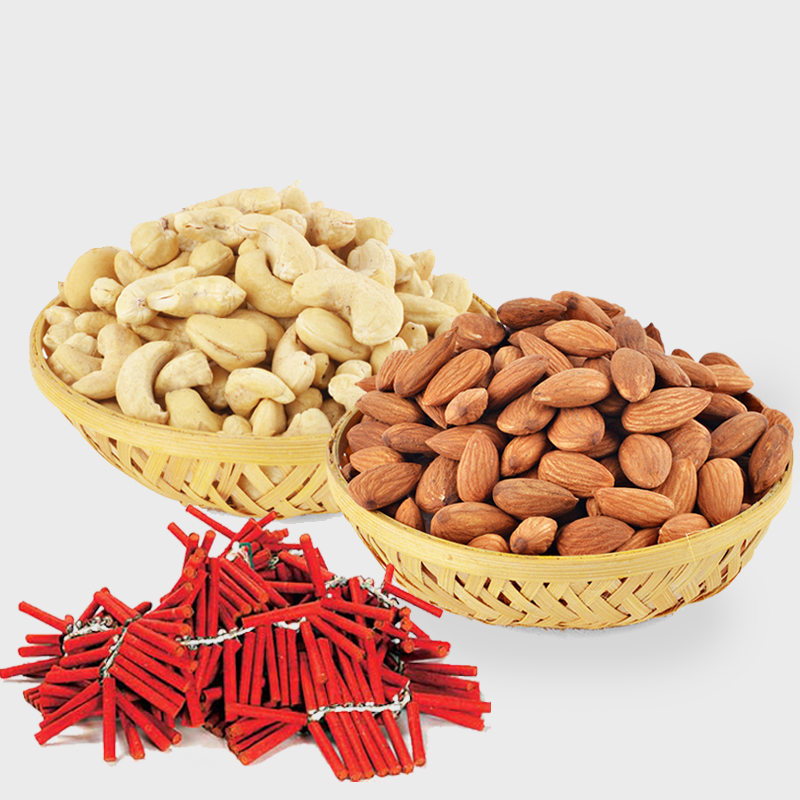 Diwali Combo of Basket of Cashew Nut and Basket of Almond Nut and Red Firecrackers