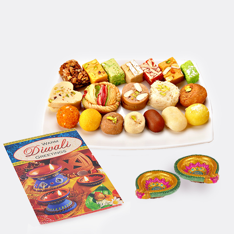Assorted Sweet with Diwali Diya and Diwali Card