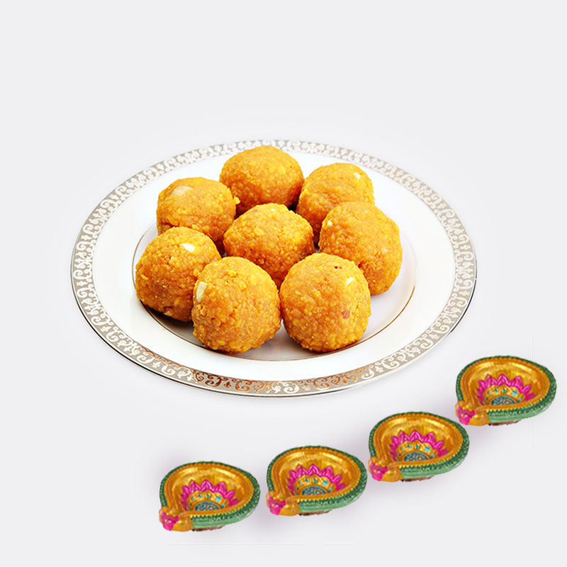 Bundi Ladoo with 4 Diwali Diya