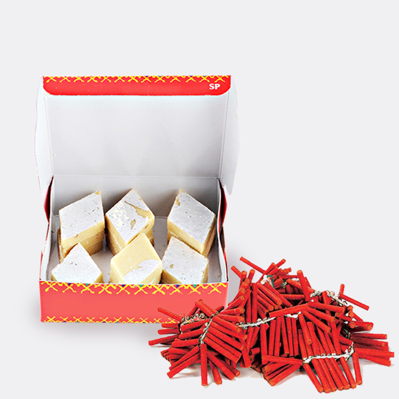 Diwali Combo of Kaju Katli Sweet with Red Firecrackers