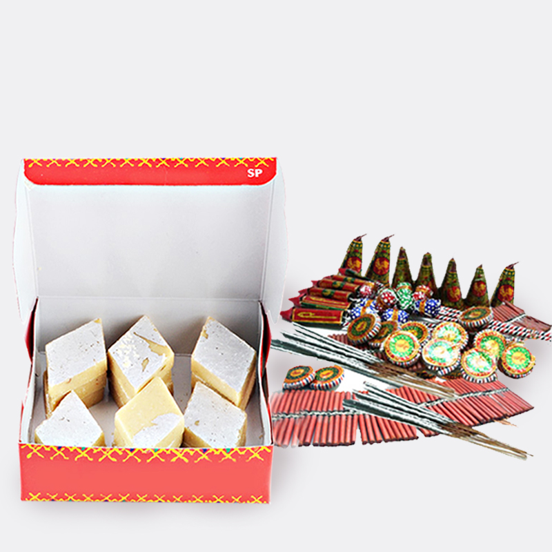 Kaju Katli Sweet with Diwali Fire Cracker