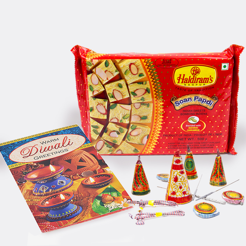 Soan Papadi with Diwali Card and Diwali Fire Cracker