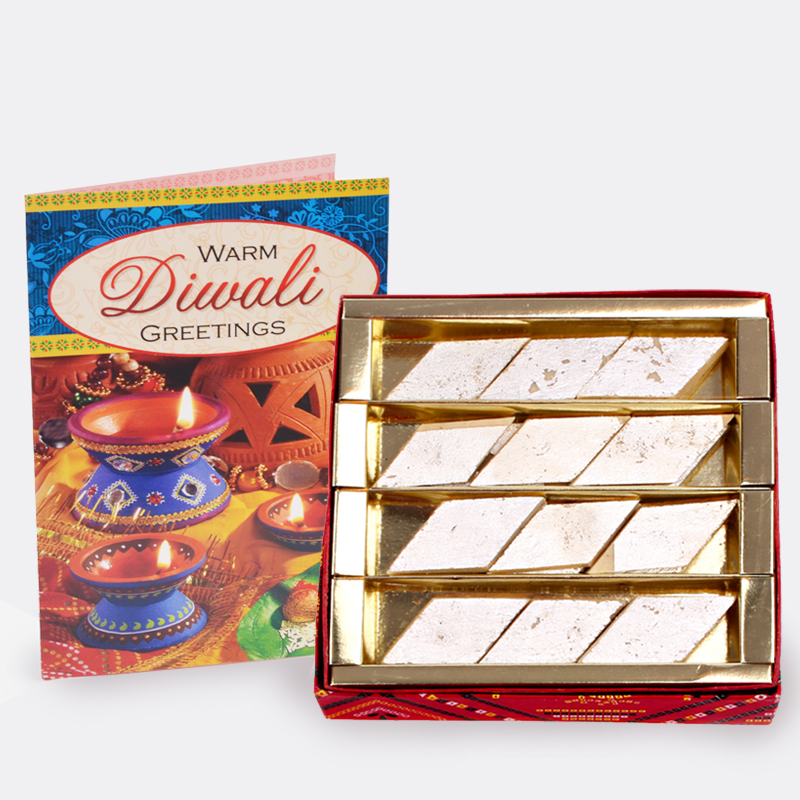 Delicious Kaju Katli Sweet with Diwali Card