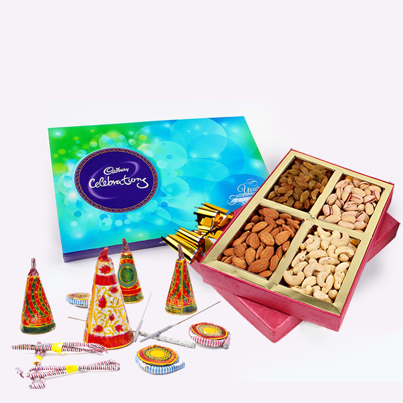 Assorted Dryfruits and Cadbury Celebration Chocolate Pack and Diwali Fire Cracker