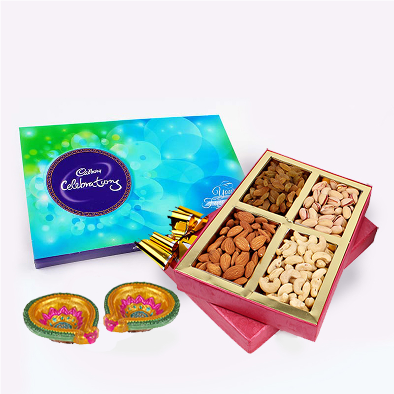 Assorted Dryfruits and Cadbury Celebration Chocolate Pack and Diwali Diya
