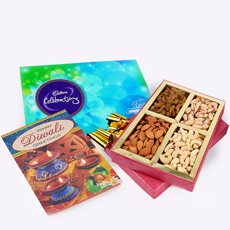 Assorted Dryfruits and Cadbury Celebration Chocolate Pack and Diwali Card