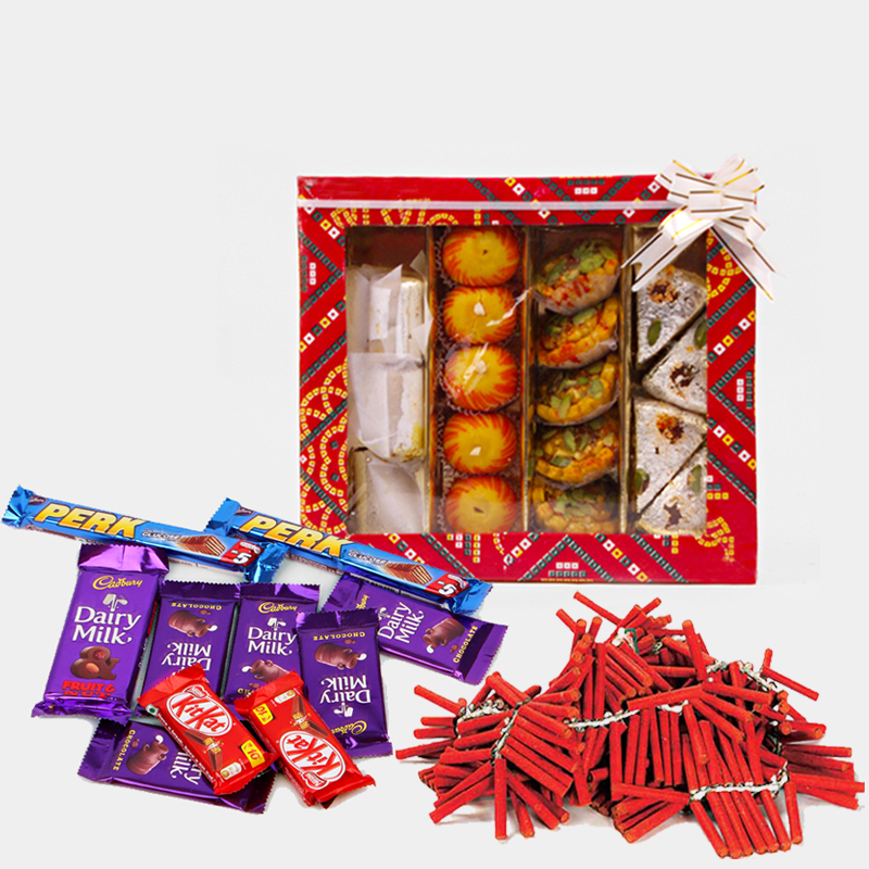 Assorted Sweet with 10 Assorted Indian chocolates and Red Firecrackers