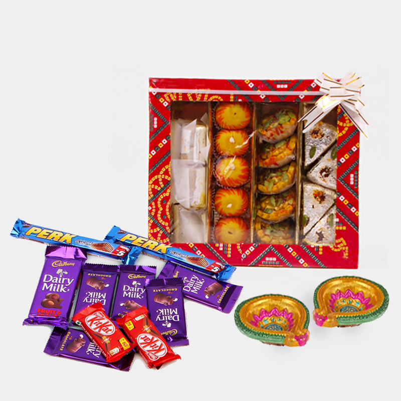 Assorted Sweet With 10 Assorted Indian chocolates and Diwali Diyas