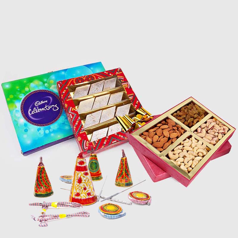 Cadbury Celebration Chocolate Pack with Kaju Katli Sweet and Assorted Dryfruits and Diwali Fire Cracker