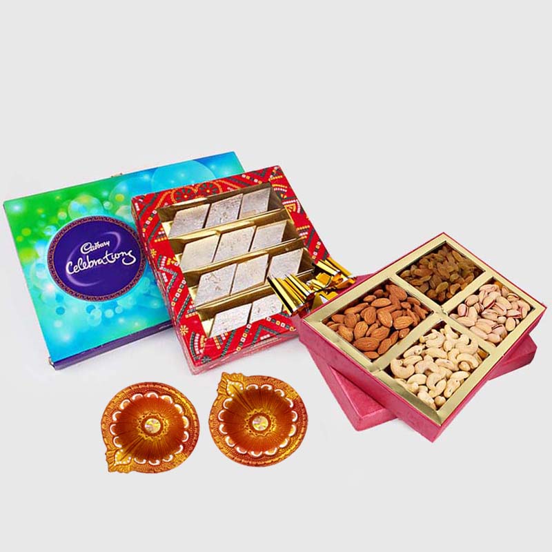 Cadbury Celebration Chocolate Pack with Kaju Katli Sweet and Assorted Dryfruits and Diwali Diya