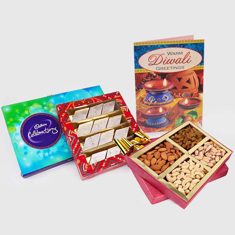 Cadbury Celebration Chocolate Pack with Kaju Katli Sweet and Assorted Dryfruits and Diwali Card