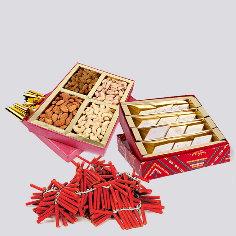 Kaju Katli Sweet and Assorted Dryfruits and Red Firecrackers