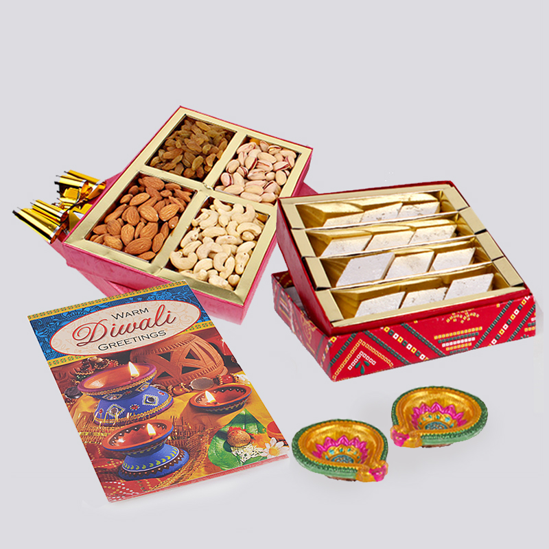 Kaju Katli Sweet and Assorted Dryfruits with Diwali Diya and Diwali Card