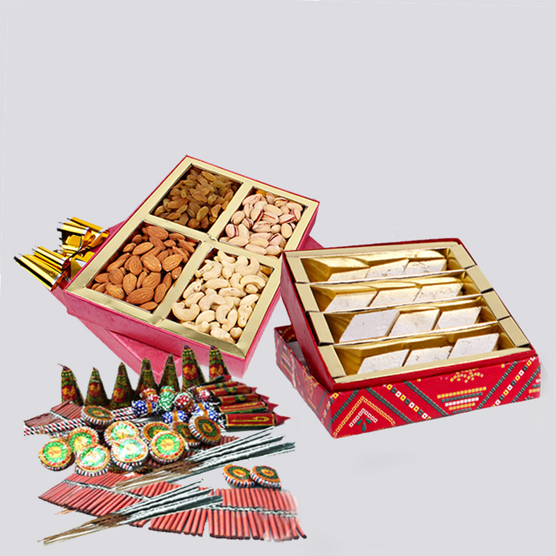 Kaju Katli Sweet and Assorted Dryfruits with Diwali Fire Cracker