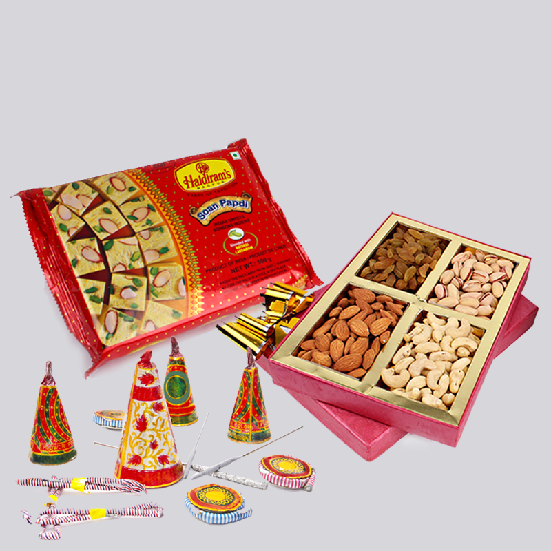 Soan Papdi and Assorted Dryfruits with Diwali Fire Cracker