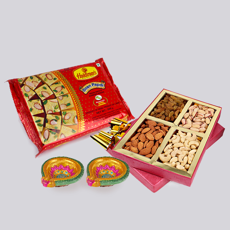 Soan Papdi and Assorted Dryfruits with Diwali Diya