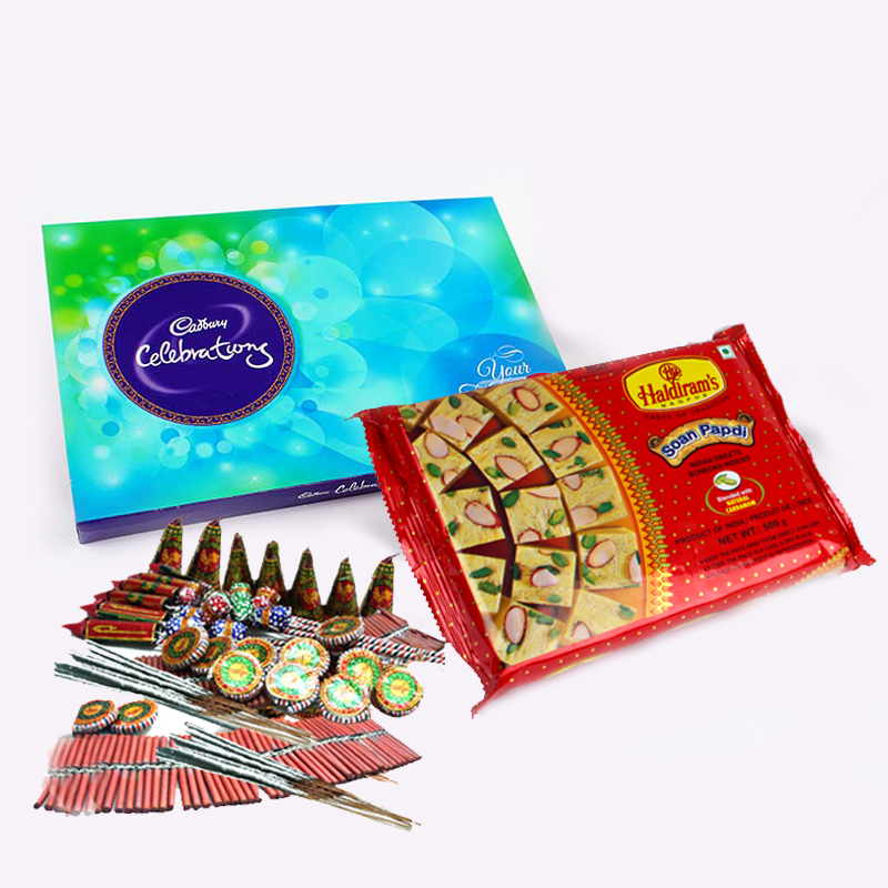 Soan Papdi and Celebration Chocolate Pack with Diwali Fire Crackers