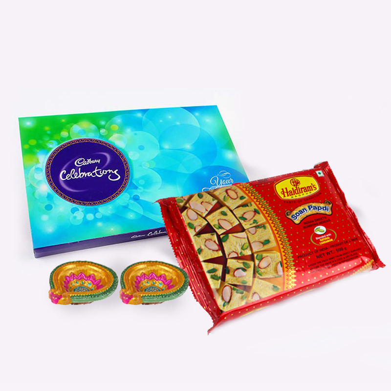 Soan Papdi and Cadbury Celebration Chocolate Pack with Diwali Diya