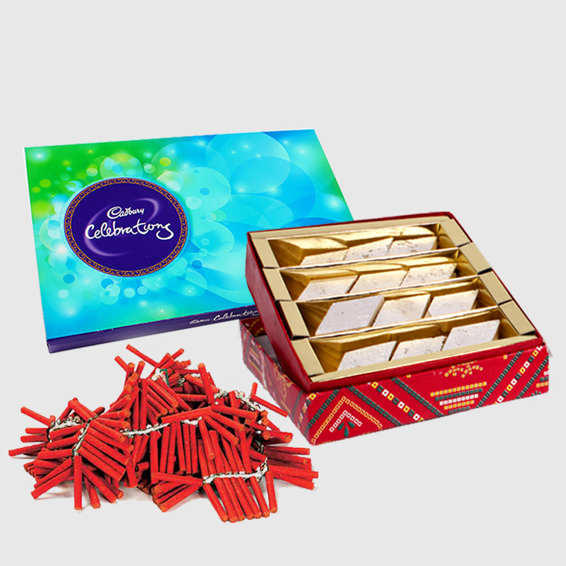 Cadbury Celebration Chocolate Pack with Kaju Katli and Red Fire Crackers