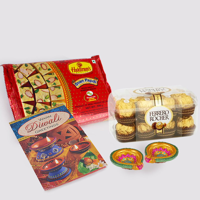 Soan Papdi with Ferrero Rocher Chocolates and Diwali Diya and Diwali Card
