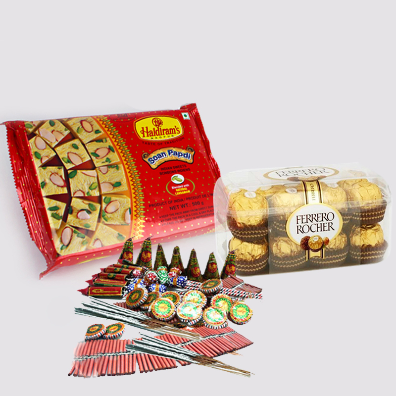 Soan Papdi with Ferrero Rocher Chocolates and Diwali Fire Cracker