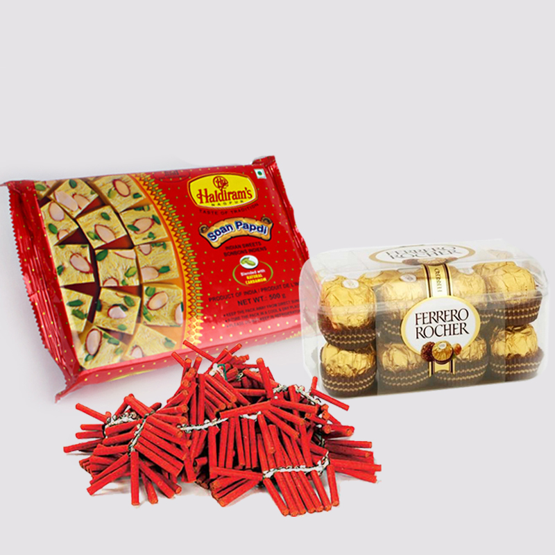 Diwali Hamper of Soan Papdi with Ferrero Rocher Chocolates and Red Firecrackers