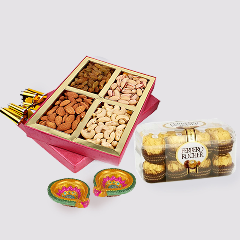 Assorted Dryfruits with Ferrero Rocher Chocolates and Diwali Diya