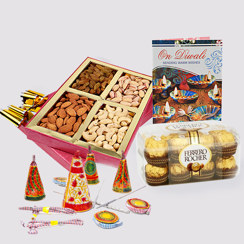 Assorted Dryfruits with Ferrero Rocher Chocolates and Diwali Card and Diwali Fire Cracker
