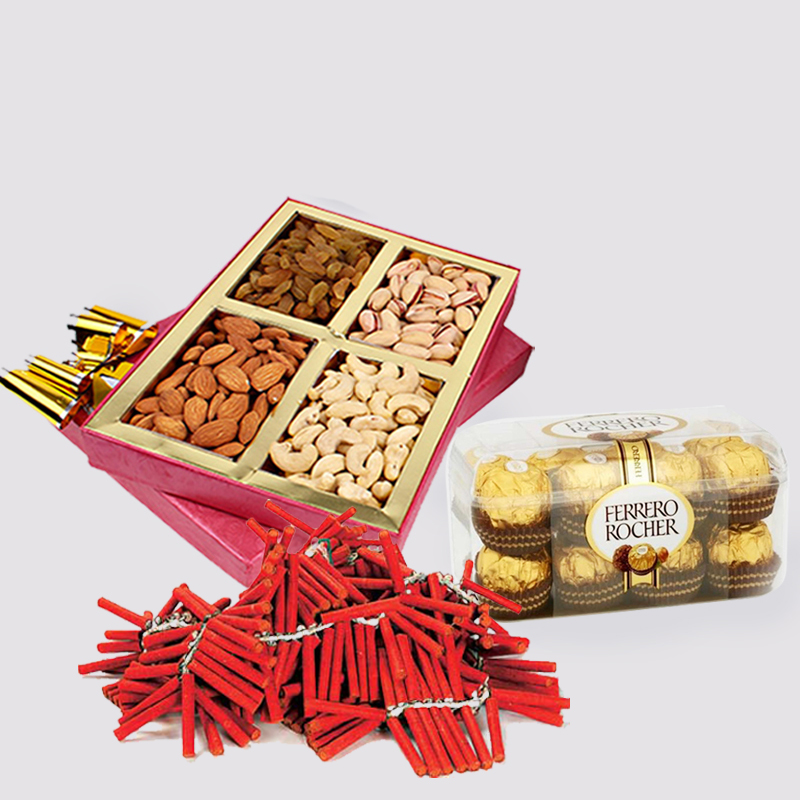 Diwali Gift of Assorted Dryfruits with Ferrero Rocher Chocolates and Red Firecrackers