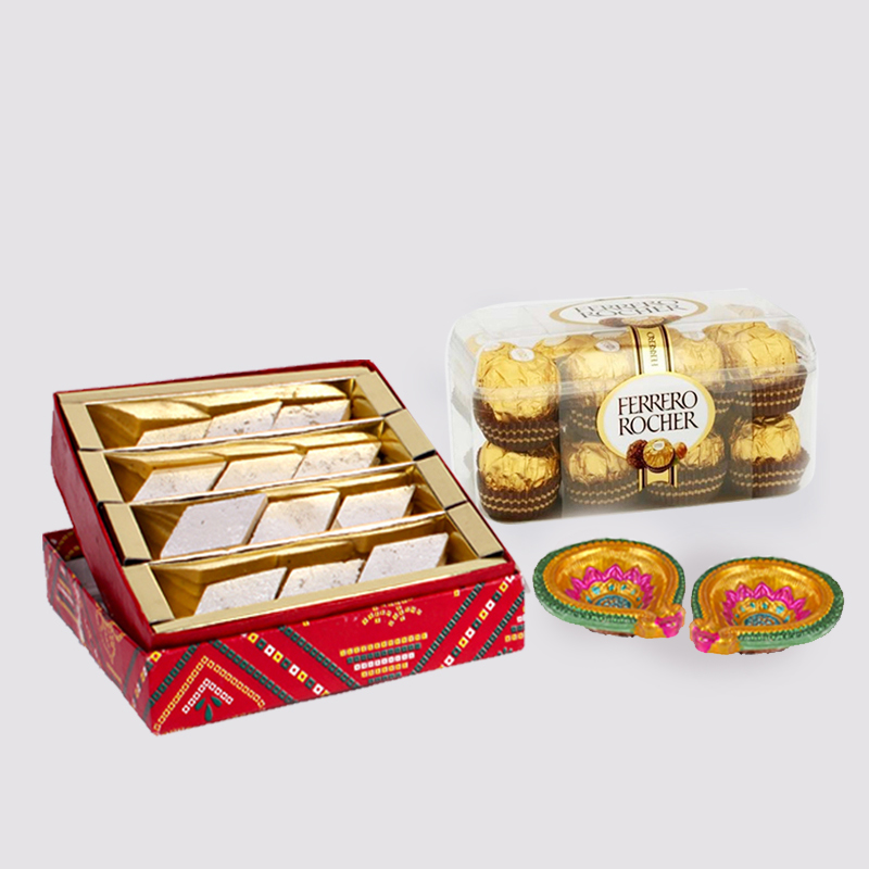 Kaju Katli Sweet with Ferrero Rocher Chocolates and Diwali Diya