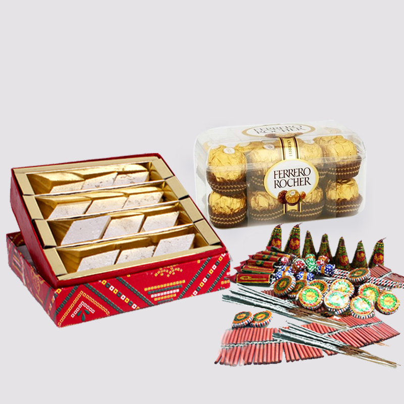 Kaju Katli Sweet with Ferrero Rocher Chocolates and Diwali Fire Cracker