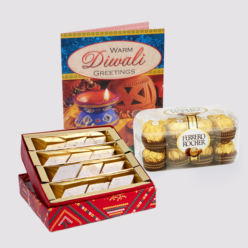 Kaju Katli Sweet with Ferrero Rocher Chocolates and Diwali Card