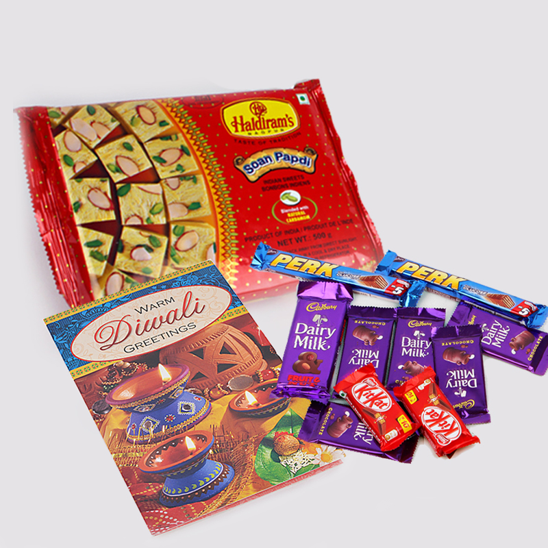 Soan Papdi with 10 Assorted Indian Chocolates Bar and Diwali Card